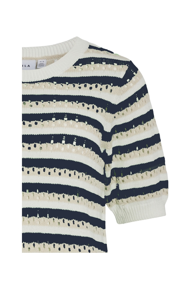 VIELINJA O-NECK 2/4 STRIPE KNIT TOP 14105650 SNOW WHITE/NAVY BLAZER